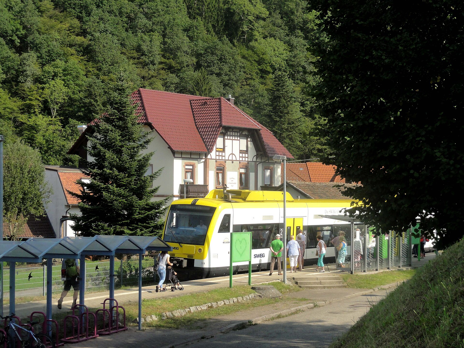 Ein einzelner Triebwagen fährt in einen kleinen Dorfbahnhof im Schwarzwald ein.